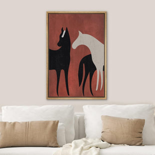 Bright Preppy Animals IDEA4WALL Framed Canvas Print Wall Art Room Decor Black White Horse Stallion Silhouette Tree Nature Wilderness Drawings Boho Colorful For Living Room, Bedroom, Office Framed On Canvas Print