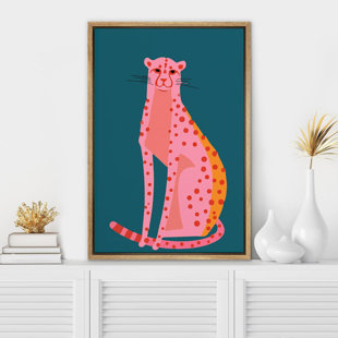 Bright Preppy Animals IDEA4WALL Framed Canvas Print Wall Art Room Decor Pink Orange Dot Cartoon Jungle Cheetah Nature Wilderness Drawings Pop Art Boho Chic For Living Room, Bedroom, Office Framed On Canvas Bold Art