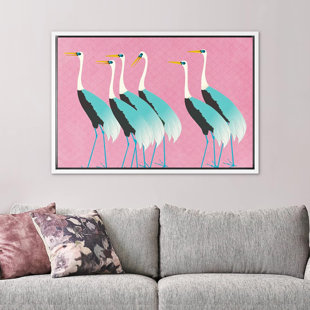 Bright Preppy Animals IDEA4WALL Framed Canvas Print Wall Art Room Decor Vibrant Teal Crane Bird Pink Sky Nature Decorative Multicolor Colorful Rustic For Living Room, Bedroom, Office Framed On Canvas Bold Art