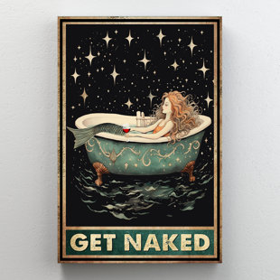 TRINX Mermaid Chilling With Wine - Just Get Naked Gallery Wrapped Canvas - Bath And Laundry Illustration Decor, Turquoise And White Bathroom Decor