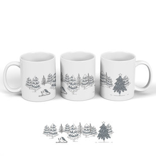 GLOBAL DESIGNS FENTON LTD Robin and Trees In Snow Christmas Line Illustration Monochrome Ceramic Classic Mug