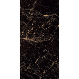 MALAKAN INC. Portoro Gold 32" x 64" Marble Look Wall & Floor High Glossy Black Porcelain Tile