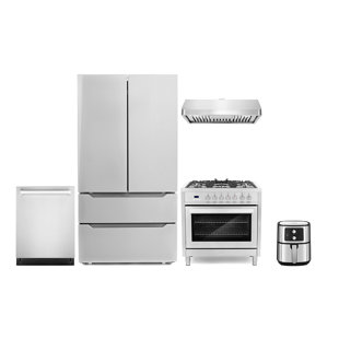 COSMO 5 Piece Kitchen Package with 36" Freestanding Dual Fuel Range 36" Under Cabinet Range Hood 24" Built-in Fully Integrated Dishwasher, French Door Refrigerator & 5.5L Electric Hot Air Fryer