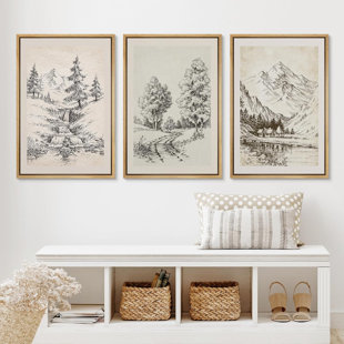 IDEA4WALL Vintage Countryside Forest Mountain River Nature Landscape Framed On Canvas 3 Pieces Print Wall Art