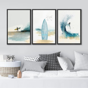 IDEA4WALL Coastal Beach Sun Sand Surf Light Blue Surfboard and Ocean Coastal Nautical Framed Canvas 3 Pieces Print Wall Art