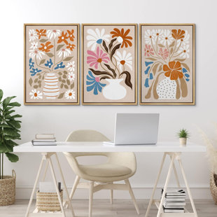 IDEA4WALL Abstract Botanical Multicolor Neutral Abstract Floral Botanical Flowers 3 Pieces Set