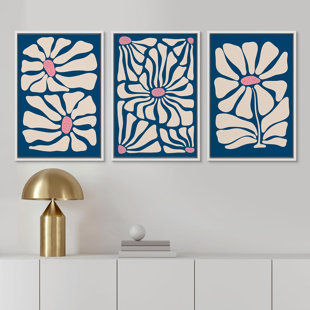 IDEA4WALL Abstract Botanical " Navy Blue Flowers Modern Boho Floral Framed Canvas Print 3 Pieces Wall Art
