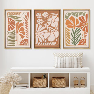 IDEA4WALL Abstract Botanical Tropical Orange Abstract Flowers Floral & Botanical Painting Framed Canvas 3 Pieces Print Wall Art