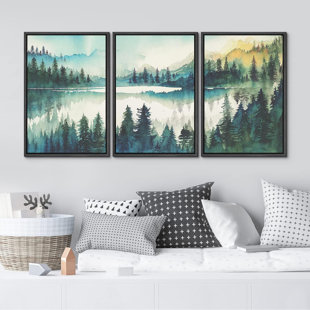 IDEA4WALL Woodland Forest Landscape Watercolor Teal Emerald Green Mountain Range Forest 3 Pieces