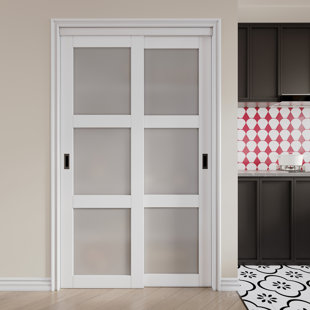 HOME WORTHY 3 Lite Tempered Frosted Glass White Closet Sliding Door with Hardware & Aluminum Flush Pull Plate