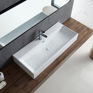 ERIDANUS Turner 39" L Trough White Ceramic Rectangular Wall Mount/Vessel Bathroom Sink with Overflow