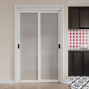 HOME WORTHY 80" Tempered Frosted Glass Pantry Closet Sliding Door with Hardware & Aluminum Handles