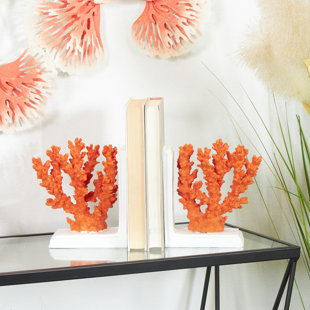 DOVECOVE Polystone Textured Coral Decorative Orange Bookends with Cream Base Set (Set of 2)