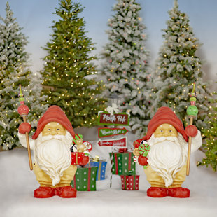 ZAER LTD INTERNATIONAL Santa Gnome Holding Gifts and Staffs "Nick & Kris" Figurines