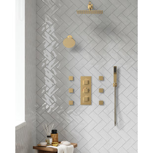 GRANDJOY TwilightRain Thermostatic Shower System Wall Mount Rainfall Dual Shower Head Hand Spray Body Jet