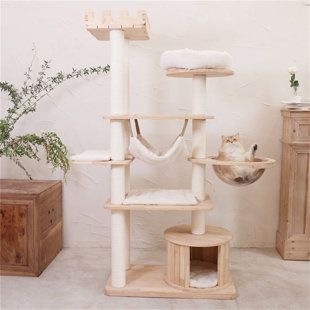 HAPPY & POLLY Luxury Crown Cat Tree, Large Cat Condo for Big Cats, Tall Wood Cat Tree with Scratching Posts