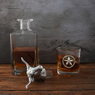 ARTHUR COURT DESIGNS Longhorn Liquor Decanter Set with a pair of Wiskey Glasses