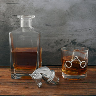 ARTHUR COURT DESIGNS Equestrian Glass Whiskey Decanter with Pair of Bit Double Old Fashion Glasses