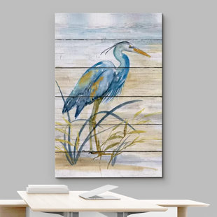 IDEA4WALL Crane Heron Bird " Retro Wood Panel Blue Beach Heron Bird Modern "