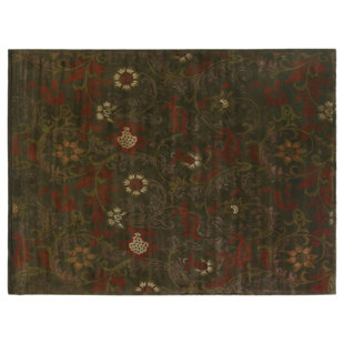 EXQUISITE RUGS Super Tibetan Floral Hand-Knotted Silk/Wool Area Rug in Chocolate/Red/Brown/Dark Green