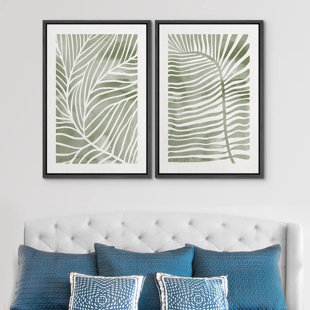 IDEA4WALL Abstract Botanical Sage Green Tropical Abstract Palm Tree Leaves Modern Art Simple Framed Canvas 2 Piece Print Wall Art