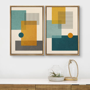 IDEA4WALL Abstract Vibrant Color Blocks " Teal And Yellow Polygon Abstract Shapes Modern Chic " 2 - Pieces