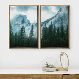 IDEA4WALL Misty Forest Landscape " View Of Misty Mountain Green Forest Nature Rustic Landscape Print Decor " 2 - Pieces