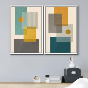 IDEA4WALL Abstract Vibrant Color Blocks " Mid-Century Green And Yellow Polygon Collage Abstract Shapes Modern " 2 - Pieces