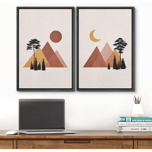 IDEA4WALL Sun And Moon Mountain Forest Landscapes Abstract Shapes Modern On Canvas 2 Pieces Print