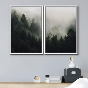 IDEA4WALL Misty Forest Landscape " Aerial View Of Misty Mountain Range Forest Nature Modern Rustic Scenic " 2 - Pieces