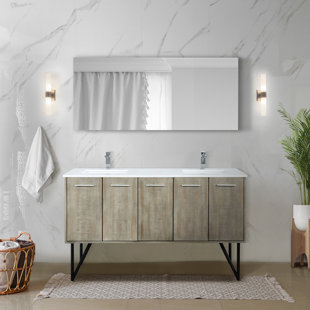 LEXORA Lancy 60" W x 20" D Rustic Acacia Double Bath Vanity, White Quartz Top, Chrome Faucet Set
