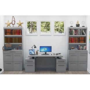 HOKKU DESIGNS Juny Sit-Stand Storage Desk with Two File Drawer Bookcases