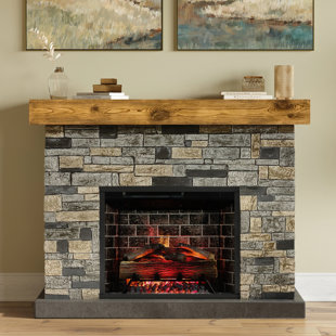 Country Living Dixson Faux Stone Brick Surround, Wood Mantel & 28" Smart Electric Fireplace Insert