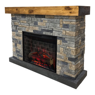 Country Living Dixson Faux Stone Brick Surround, Wood Mantel & 28" Smart Electric Fireplace Insert