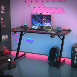 INBOX ZERO Black Gaming Desk LED Light Computer With Headphone Hook and Cup Holder Home Office Desk