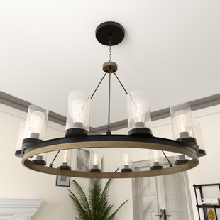 STEELSIDE™ Philadelphia 12 - Light Dimmable Wagon Wheel Foyer Chandelier with Hand Blown Glass Accents