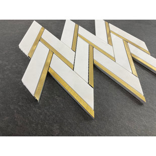 ES STONE Thassos White and Gold Metal Large Herringbone / Chevron Mosaic Floor Tile