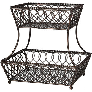 Gourmet Basics by Mikasa Loop and Lattice 2-Tier Metal Rectangular Fruit Storage Basket, 14-Inch, Antique Black
