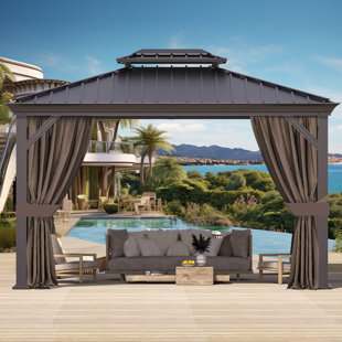 MODERN SHADE OUTDOOR LIVING SPACES Savin 10 Ft. x 12 Ft. Hardtop Gazebo with Netting and Yarn-Dyed Curtains Permanent Outdoor Pavilion