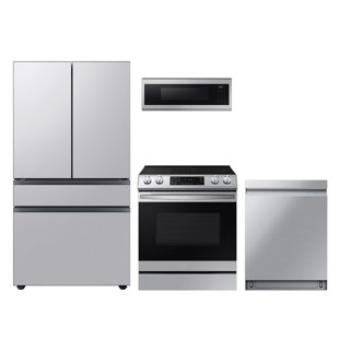 SAMSUNG 4 Piece Stainless Steel Kitchen Package with Bespoke French Door Refrigerator, Induction Range, SLIM Over-the-Range Microwave and Dishwasher