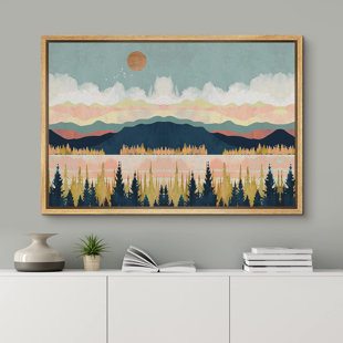 Sun Mountain Range " IDEA4WALL Framed Canvas Wall Art Print Multicolor Mountain, Forest & Lake Abstract Wilderness Illustrations Modern Art Rustic Scenic Colorful For Living Room, Bedroom, Office "