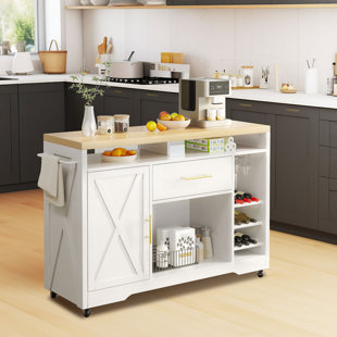 LAUREL FOUNDRY MODERN FARMHOUSE® Nixon 53" Rolling Kitchen Cart Island with Solid Pinewood Tabletop, Closure Door