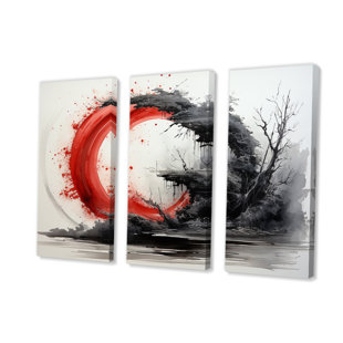 DESIGN ART " Red Black Buddhist Art Enso Enlightenment " 3 - Pieces