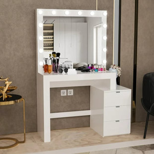 BOAHAUS LLC Boahaus Aurora Modern Lighted Makeup Vanity Table, Big Mirror, 03 Drawers, Light Bulbs, for Bedroom