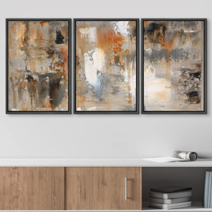 IDEA4WALL Vintage Orange Brown Color Blocks Framed Canvas 3 Pieces Triptych Artwork Print Abstract Wall Art