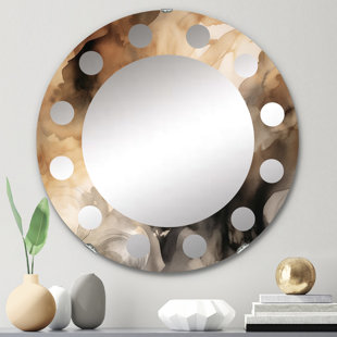 DESIGN ART Brown And Cream Abstract Fluidity Round Wall Mirror