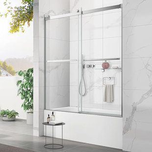 SUNROSA 59" W x 60" H Double Sliding Frameless Tub Door with 5/16"(8mm) Clear Tempered Glass