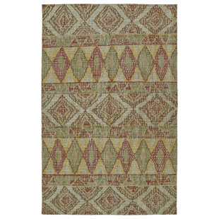 KALEEN Relic Ikat Hand-Knotted Wool Area Rug in Green/Yellow/Red