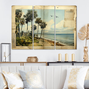 DESIGN ART Vintage Florida Collage Palm Trees And Beach VI - Florida Canvas Wall Art Set