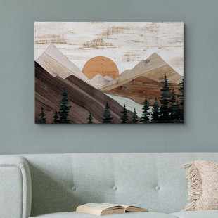 IDEA4WALL Western Wood Effect Landscape Rustic Brown Mountain Trees Nature Abstract Farmhouse Wall Decor Bedroom On Canvas Print